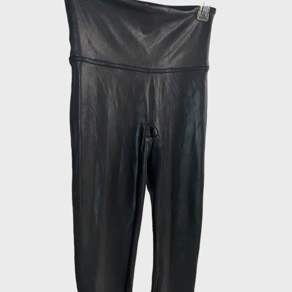 Spanx Faux Leather Leggings Womens Size Medium Shiny Black Textured Tights - Picture 4 of 10